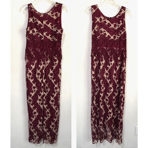 San Julian Dress L Maroon Gold Lace Overlay‎ Stretch Sleeveless Vintage Midi
